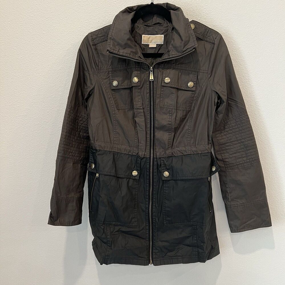 Michael Kors Hooded Moto Jacket Brown/Black Zippers And Snap Buttons Size XS